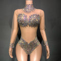 Sparkly AB Rhinestone Sheer Mesh Bodysuit & Stage Performance Costume