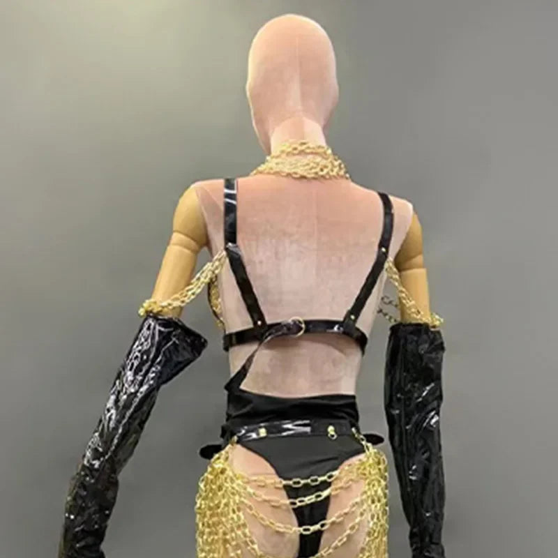The Stardust Gilded Vixen – Black & Gold Chain Performance Suit
