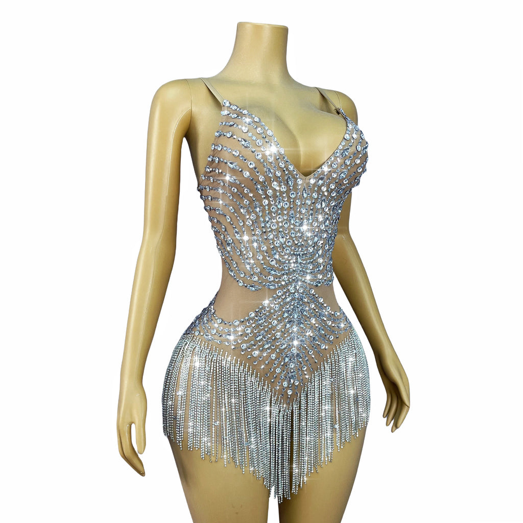 Flashing Crystal Rhinestone Chain Sheer Nude Mesh Stage Bodysuit Dance Leotard
