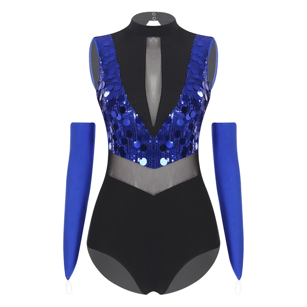 Sparkly Sequin Mock Neck Dance Leotard & Gloves Two-Piece Bodysuit Set