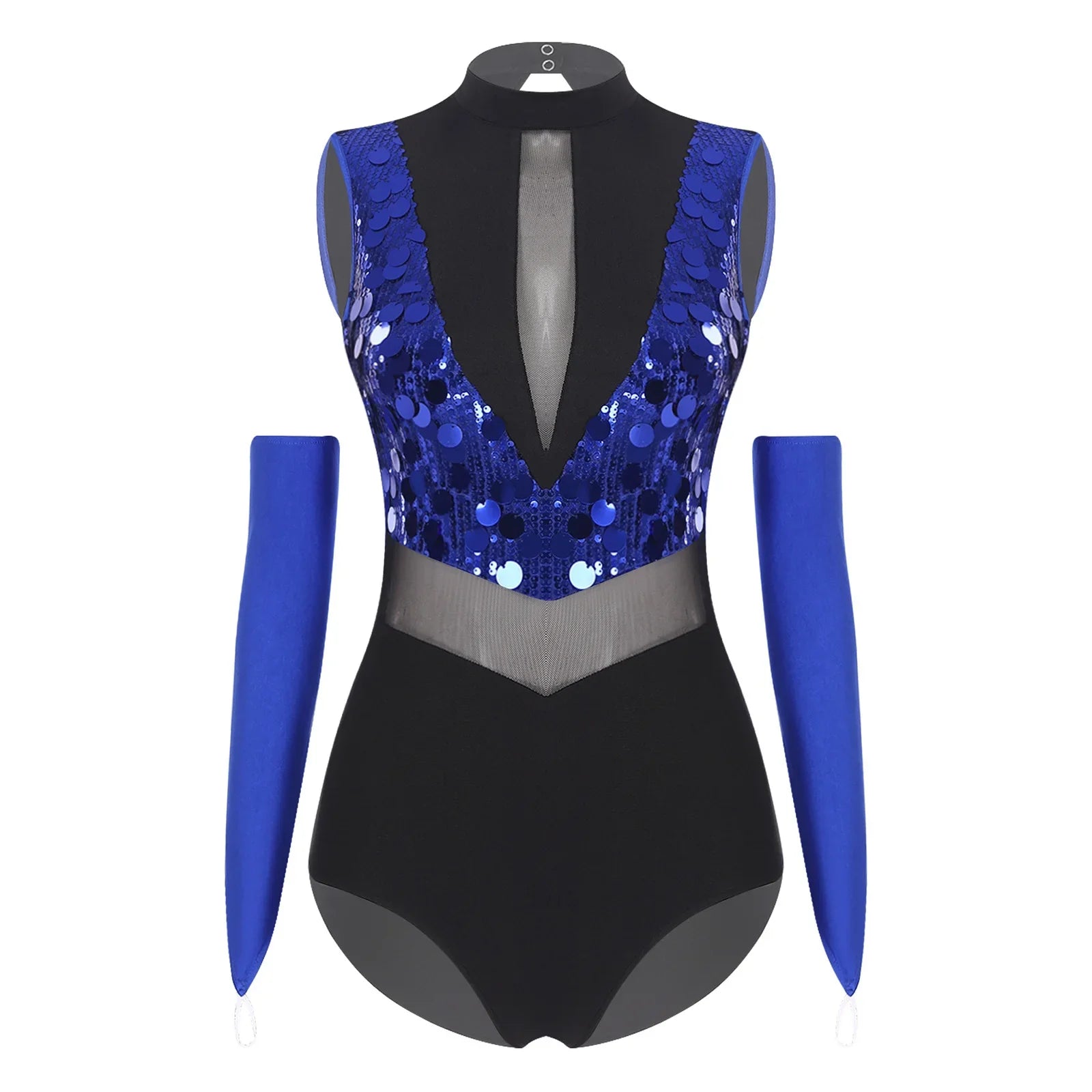 Sparkly Sequin Mock Neck Dance Leotard & Gloves Two-Piece Bodysuit Set
