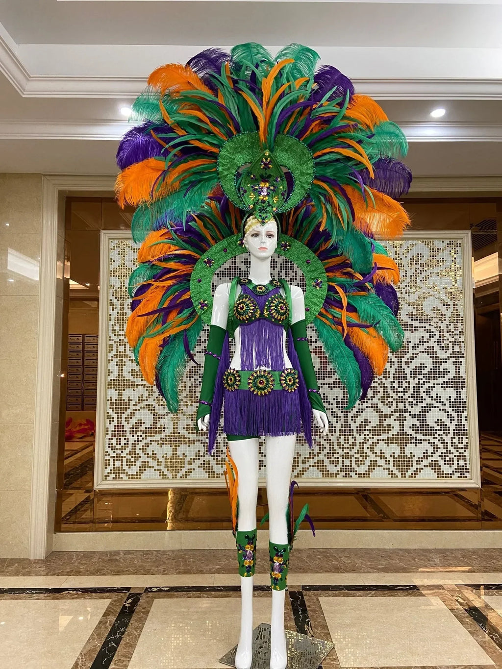 Regal Feathered Backpiece and Rhinestone Costume Set