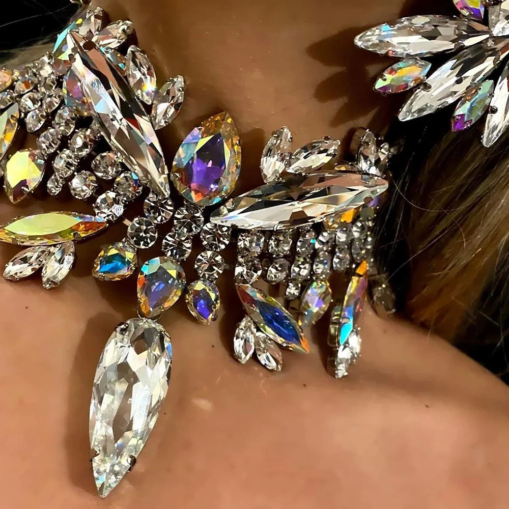Rhinestone Geometric Crystal Necklace Earrings Set