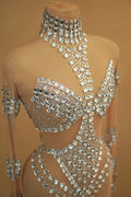 Sparkly Silver Rhinestone Sheer Mesh Jumpsuit Stage Performance Costume