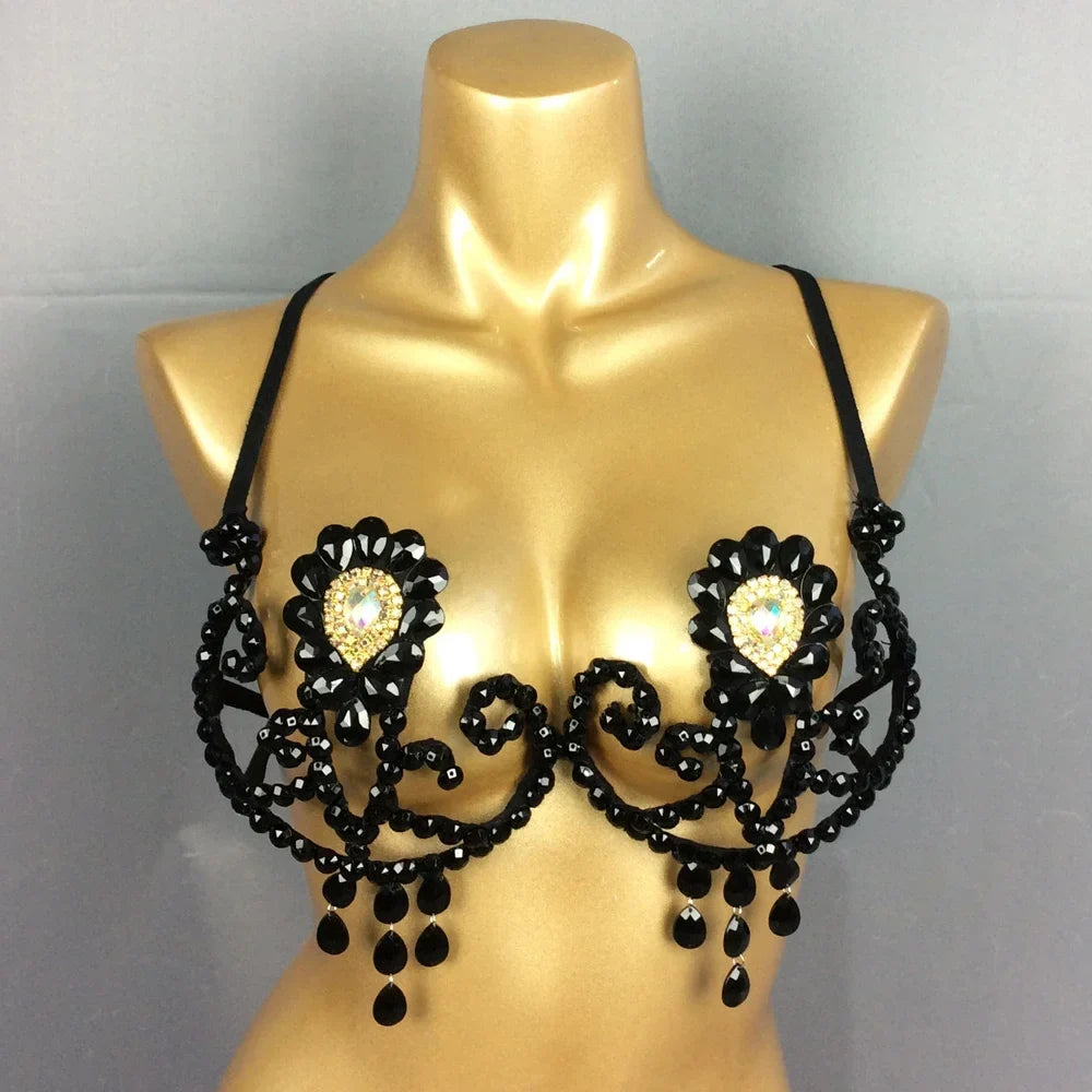 Dazzling Rainbow Crystal Stone Belly Dance Bra & Samba Carnival Performance Top