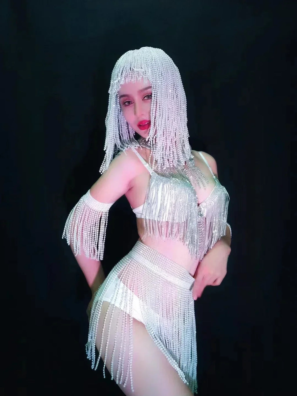 Luxury Crystal Tassel Bikini & Wig Performance Set – Premium Showgirl Stage Costume for GoGo Dancers, Nightclub DJs & Rave Outfits