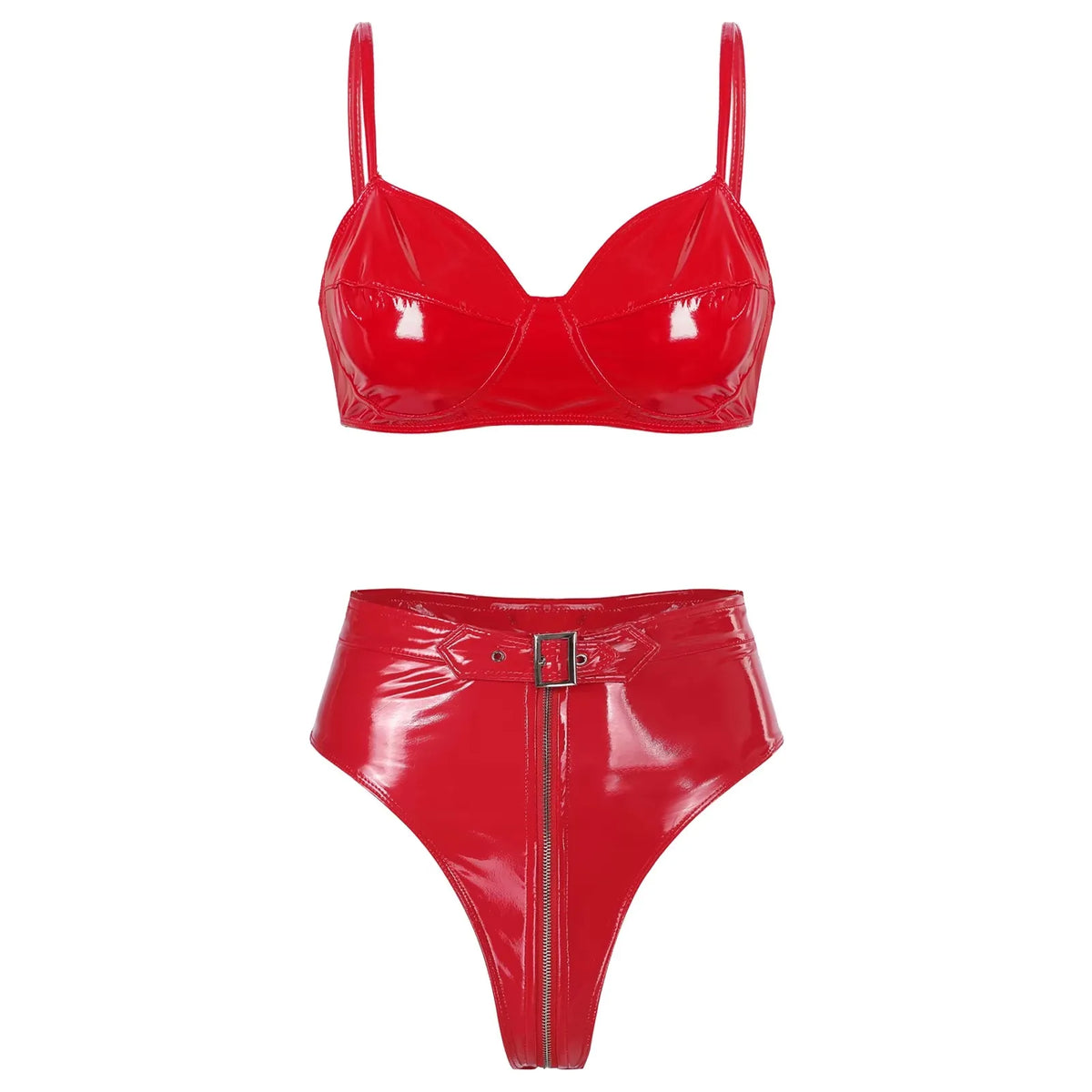 Womens Wet Look PVC Leather Underwear Set Wire-free Unlined Bra Top with High Cut Briefs Party Club Pole Dancing Clubwear
