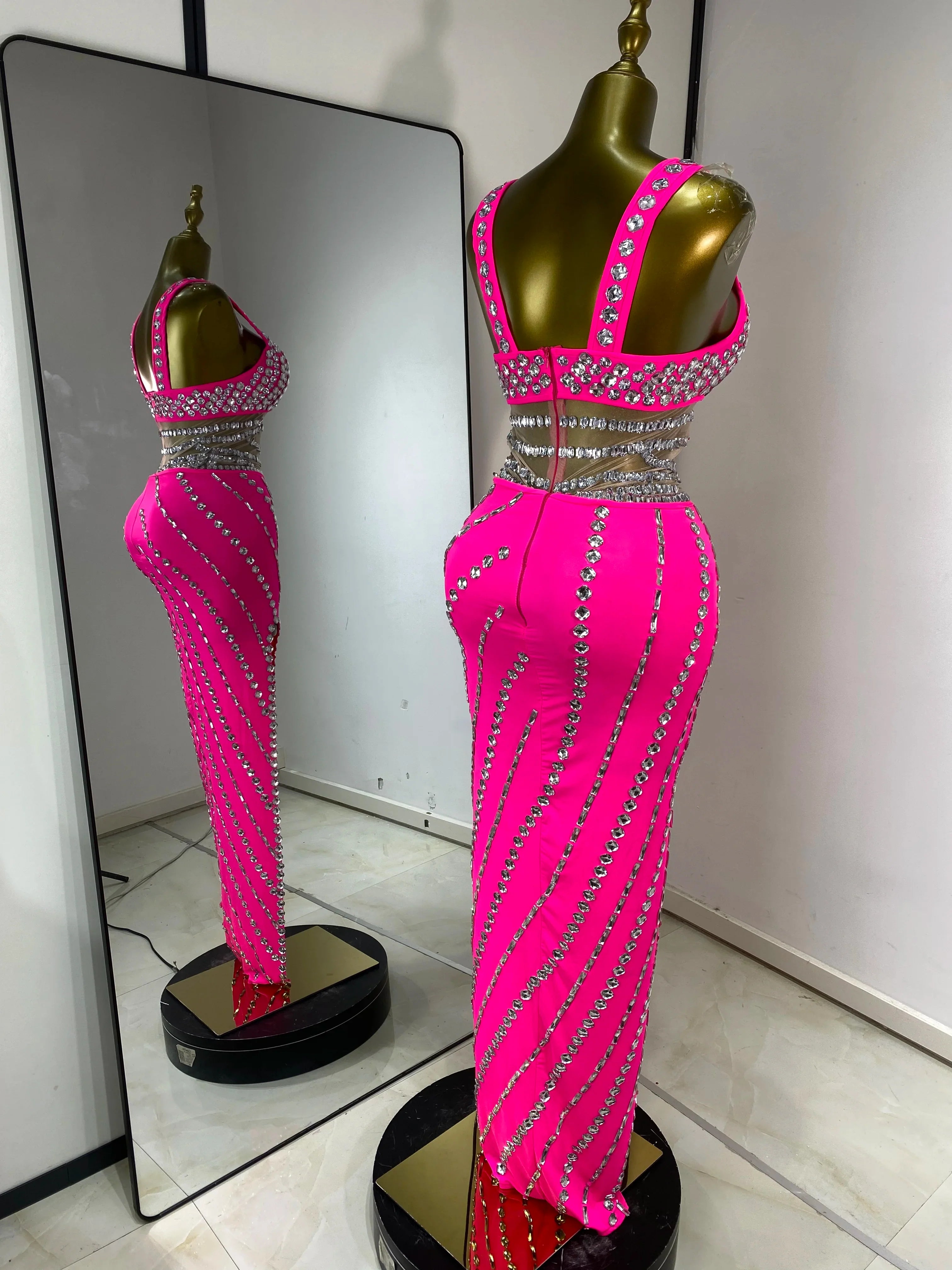 Hot Pink Rhinestone & Tulle Inset Open-Leg Maxi Evening Gown
