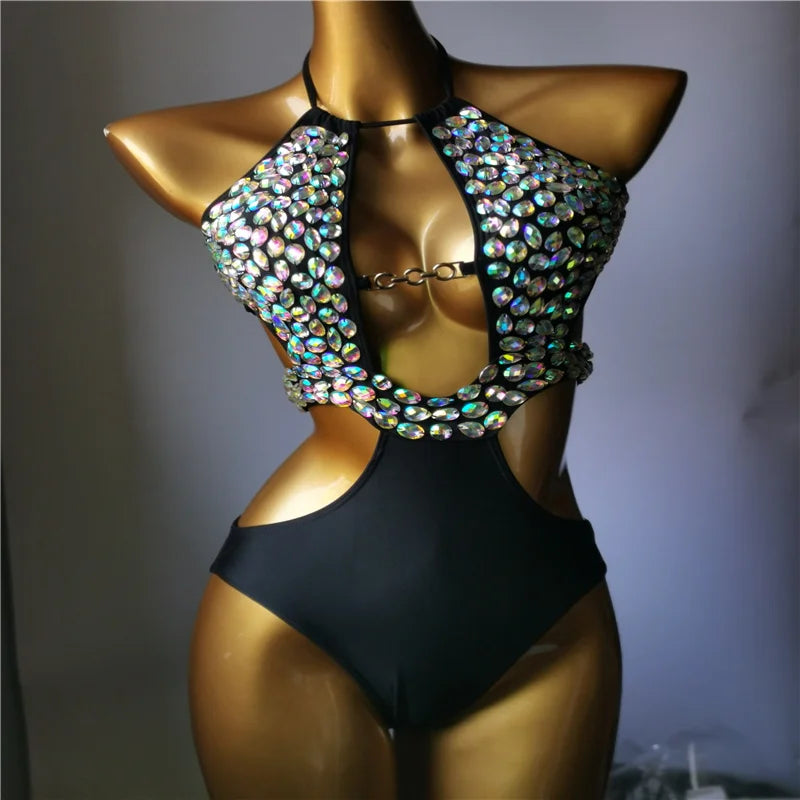 The Venus Vacation Cutout Monokini – Halter High-Waist Rhinestone Showgirl Costume