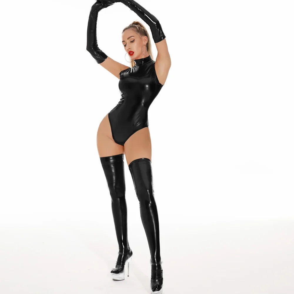 Glossy PU Faux Leather High-Cut Bodysuit, Gloves & Stockings Set