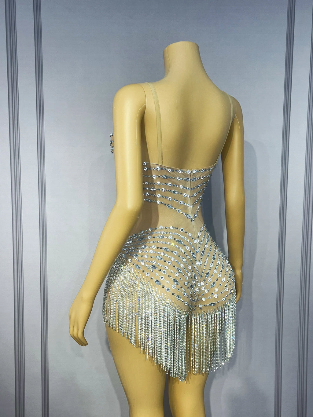Flashing Crystal Rhinestone Chain Sheer Nude Mesh Stage Bodysuit Dance Leotard