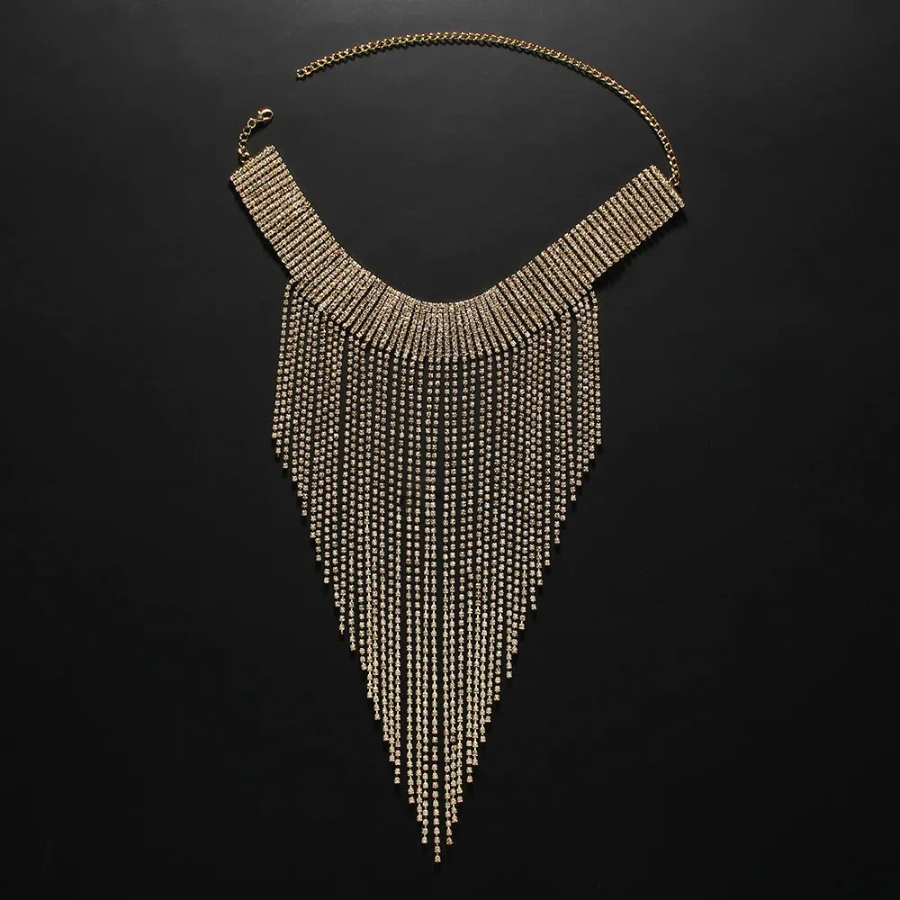 Rhinestone Fringe Tassel Choker Chain Necklace