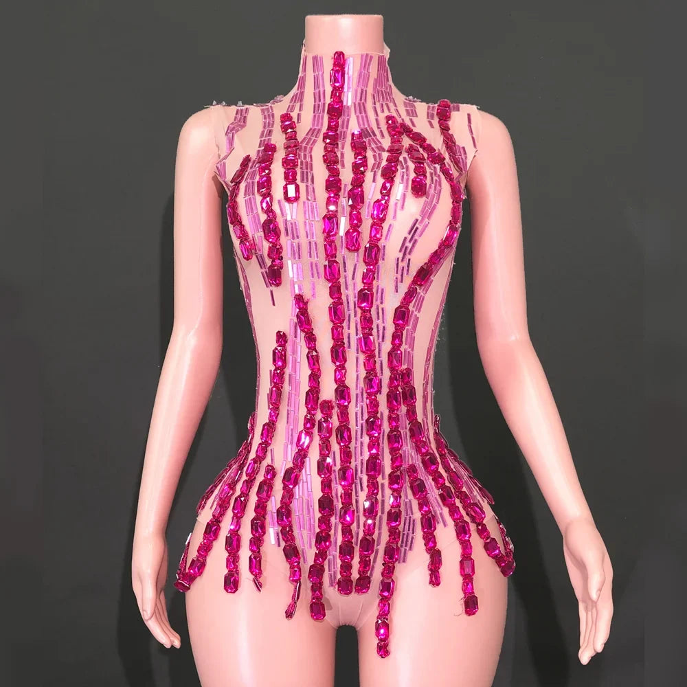 Sparkly Rhinestone Mirror High-Cut Stage Bodysuit Performance Dance Leotard