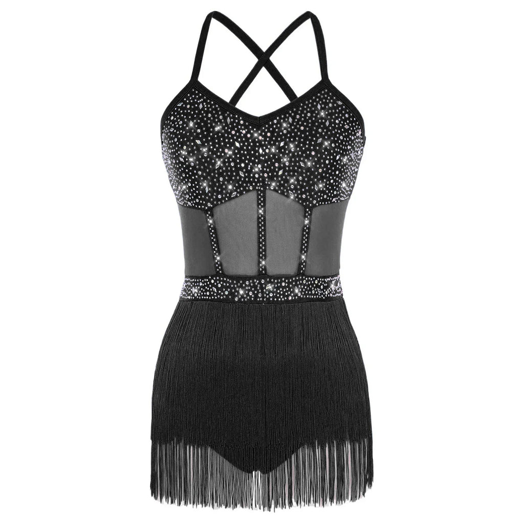 Rhinestone Latin Dance Dress, Mesh Tiered Tassel Bodysuit & Long Gloves Set