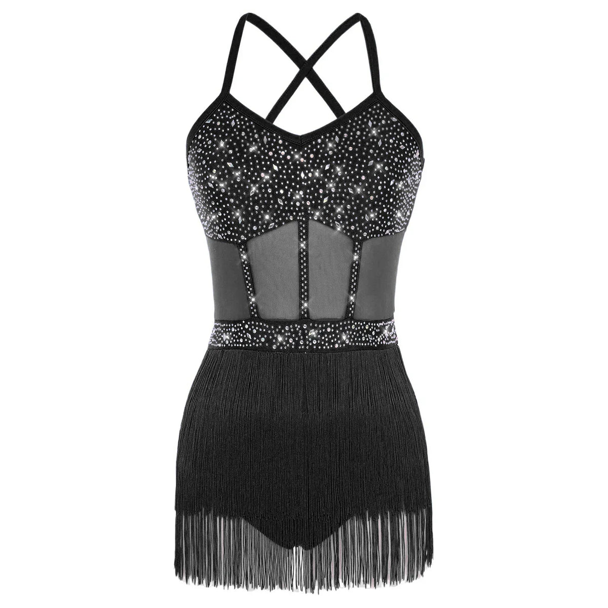 Rhinestone Latin Dance Dress, Mesh Tiered Tassel Bodysuit & Long Gloves Set