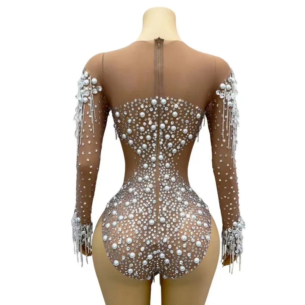 Sparkly Rhinestone, Pearl & Chain Long-Sleeve Mesh Bodysuit Stage Performance Costume