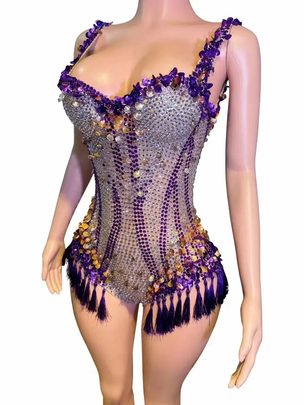 Sparkly Rhinestone & Tassel Fringe Bodysuit Stage Performance Costume