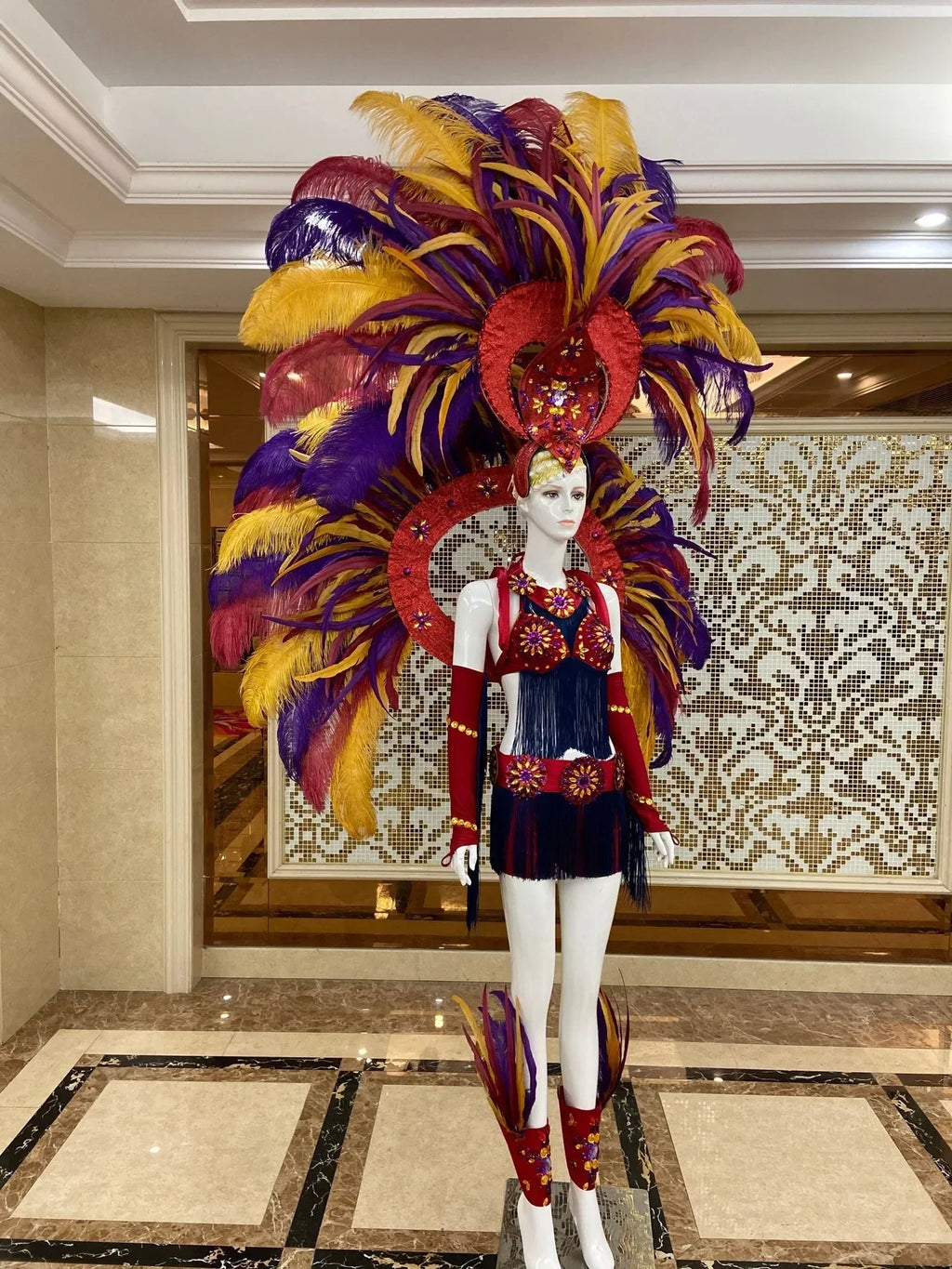 Regal Feathered Backpiece and Rhinestone Costume Set