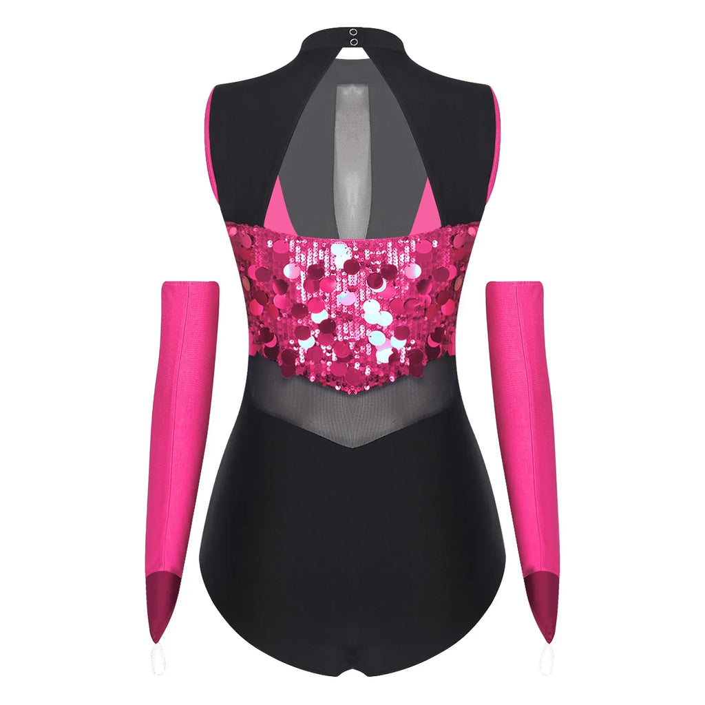 Sparkly Sequin Mock Neck Dance Leotard & Gloves Two-Piece Bodysuit Set