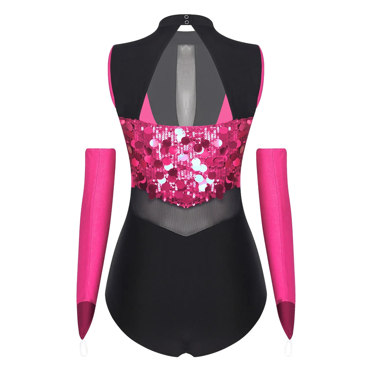 Sparkly Sequin Mock Neck Dance Leotard & Gloves Two-Piece Bodysuit Set