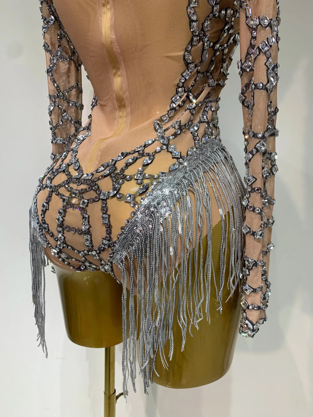 The Stardust Diamond Fringe Bodysuit – Luxury Rhinestone Mesh Stage Costume