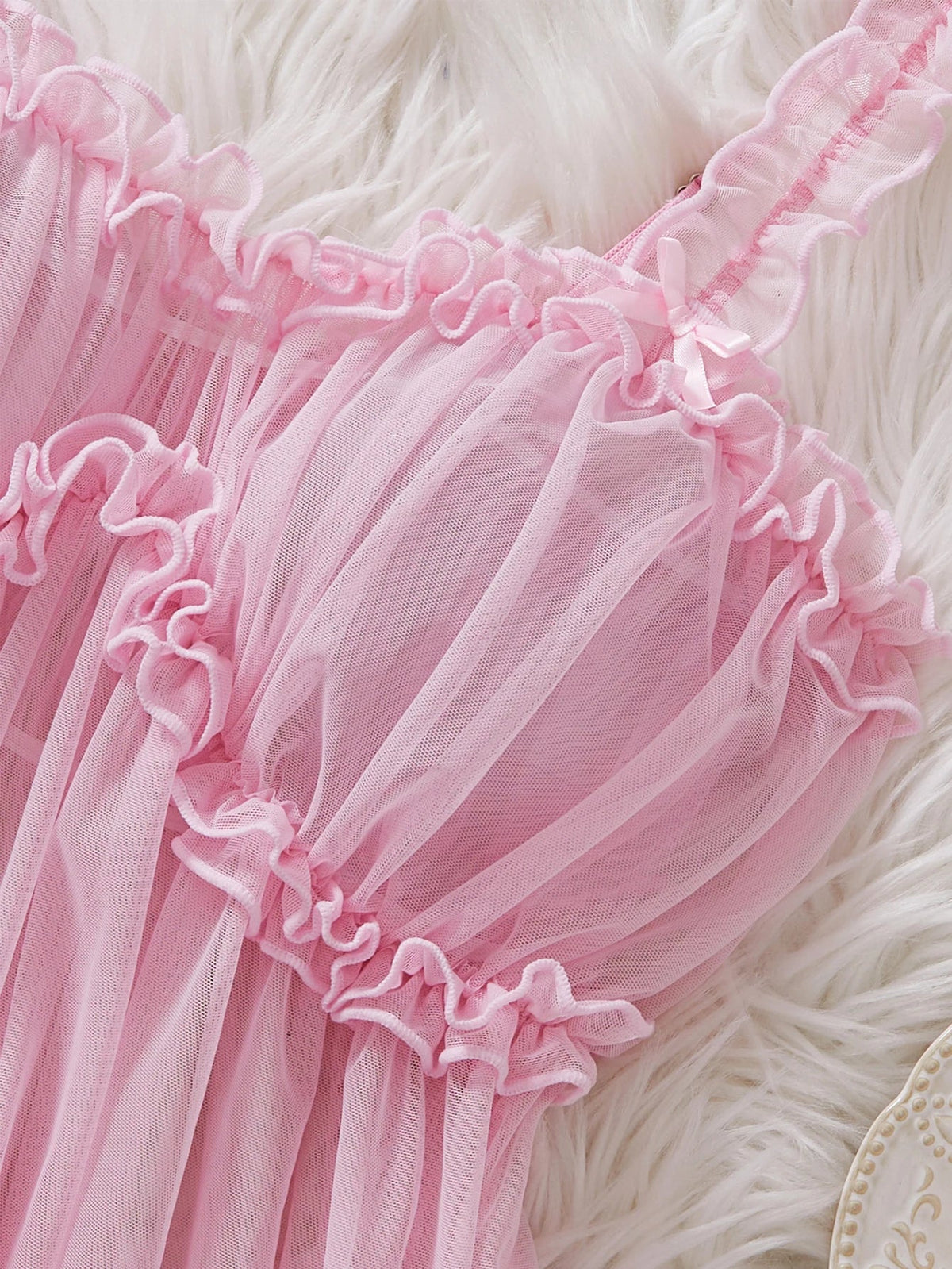 Women Mesh Nightdress Bow Pink Dress With Thong Underwear Valentine Day Gift