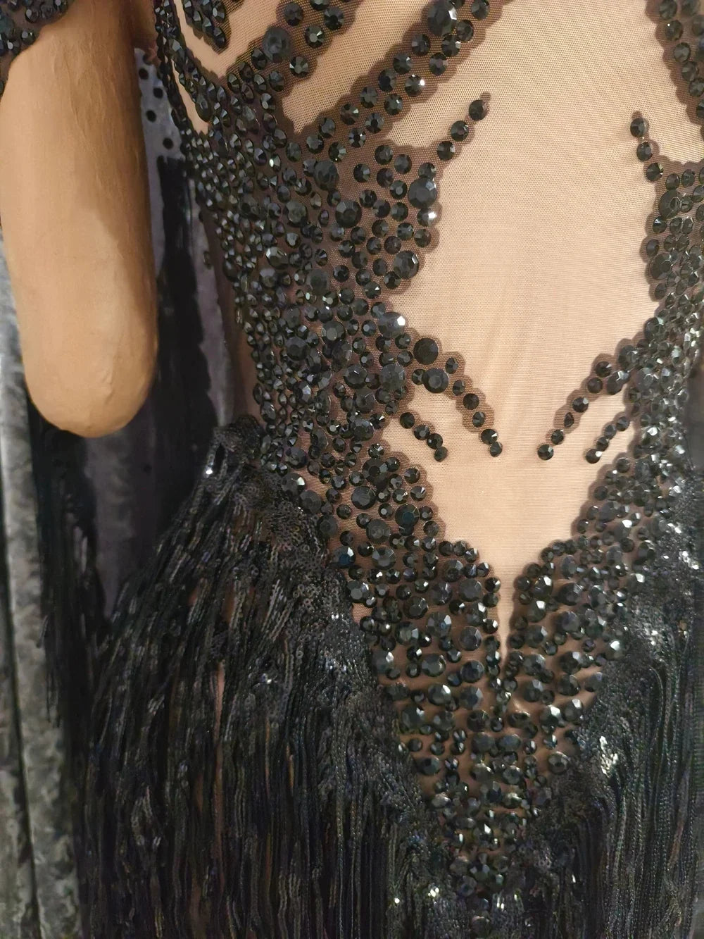 Sparkly Black Rhinestone Tassel Stage Performance Mini Dress Birthday Party Gown