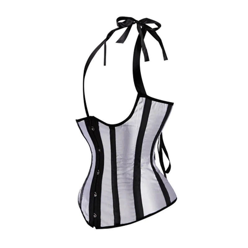 Gothic Striped Satin Halter Underbust Corset Vest 12 Spiral Steel Bones Bustier