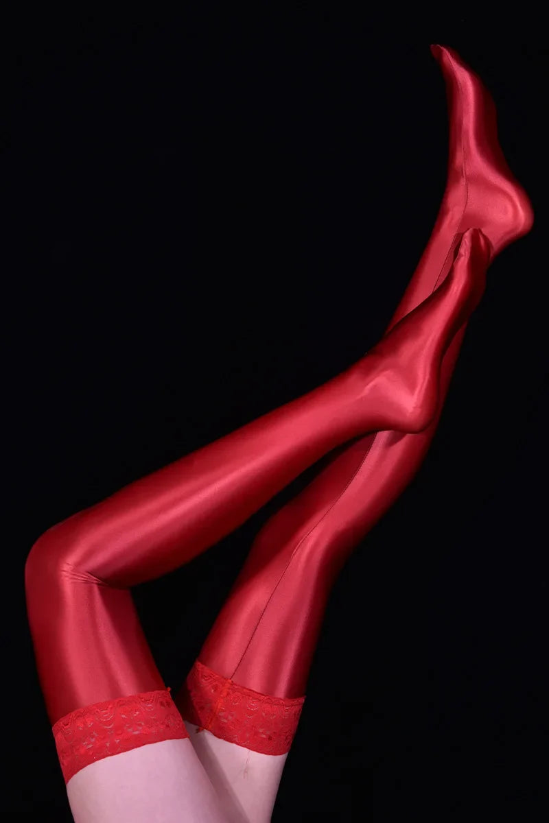 80D Lace Trim Oil Shiny Thigh-High Stockings Glossy Shaping Lingerie Stockings