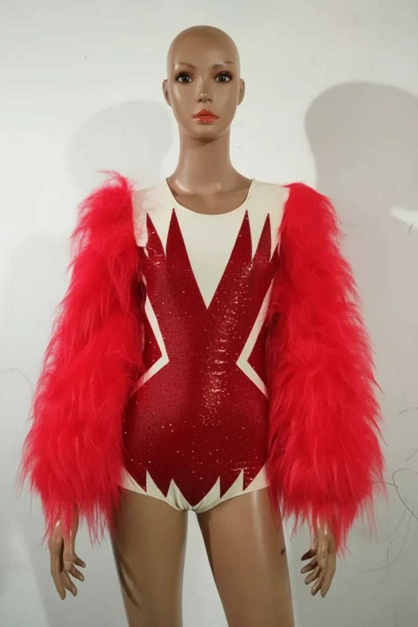 Sultry Red Feather Showgirl Bodysuit & Stage Costume Set