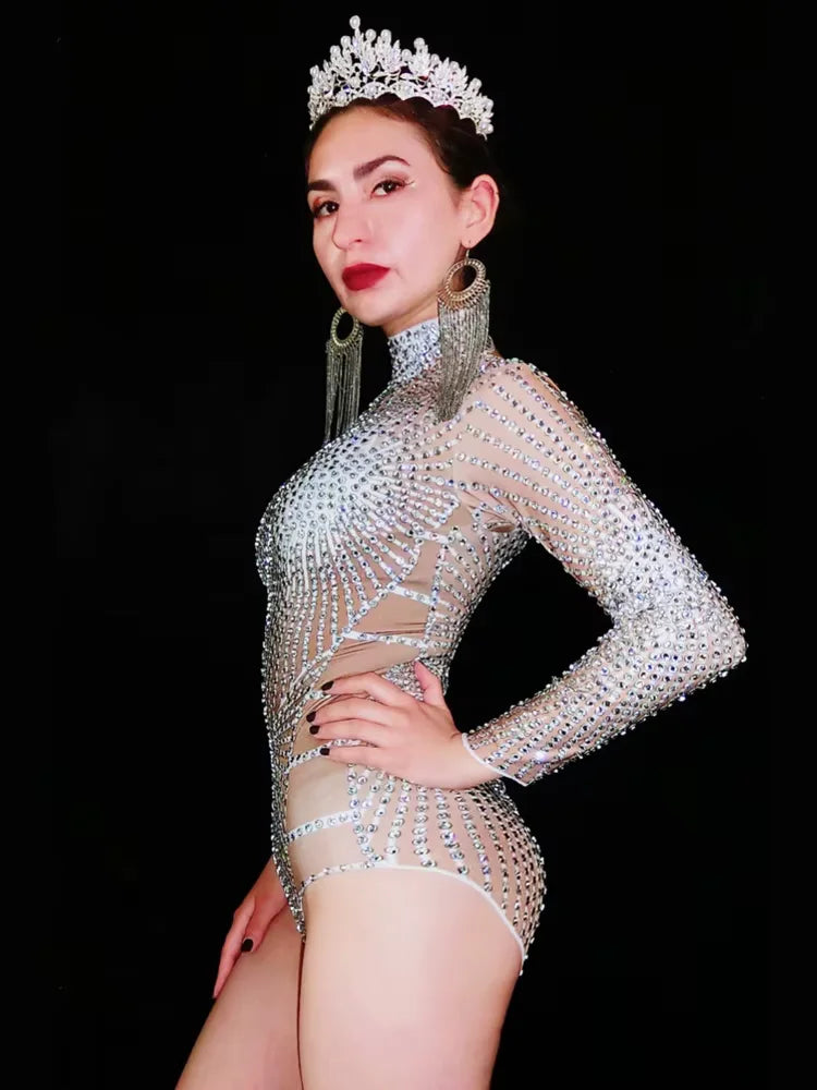 Rhinestone Mirror Bodysuit & Matching Crown Headdress Celebrity Party Stage Costume