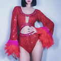 Red Hollow-Out Rhinestone Bodysuit & Feather Trim Stage Performance Costume