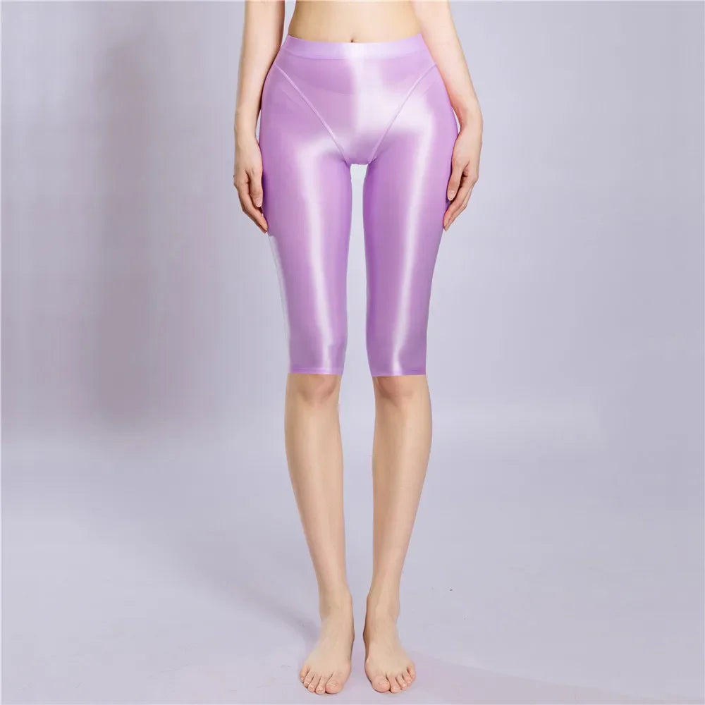 Women's Oil Glossy Sheer High-Waist Shaping Shorts Satin Smooth Leggings