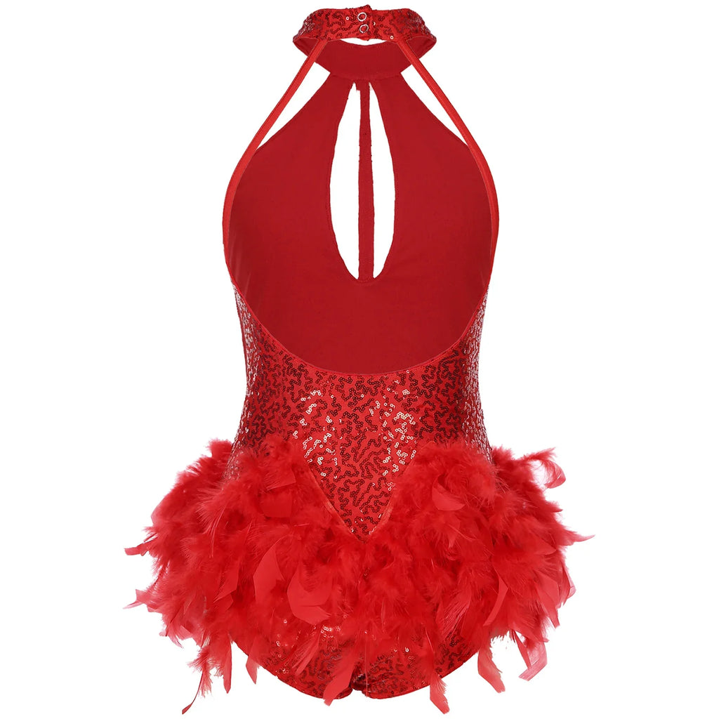 The Stardust Empress Royale – Sequined & Feathered Latin Dance Leotard Dress