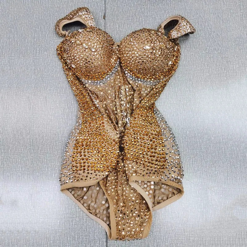 Gold Full Rhinestones Bodysuit Bar Nightclub DJ Singer Tour Concert Performance Costume Women Birthday Show Party Stage Wear