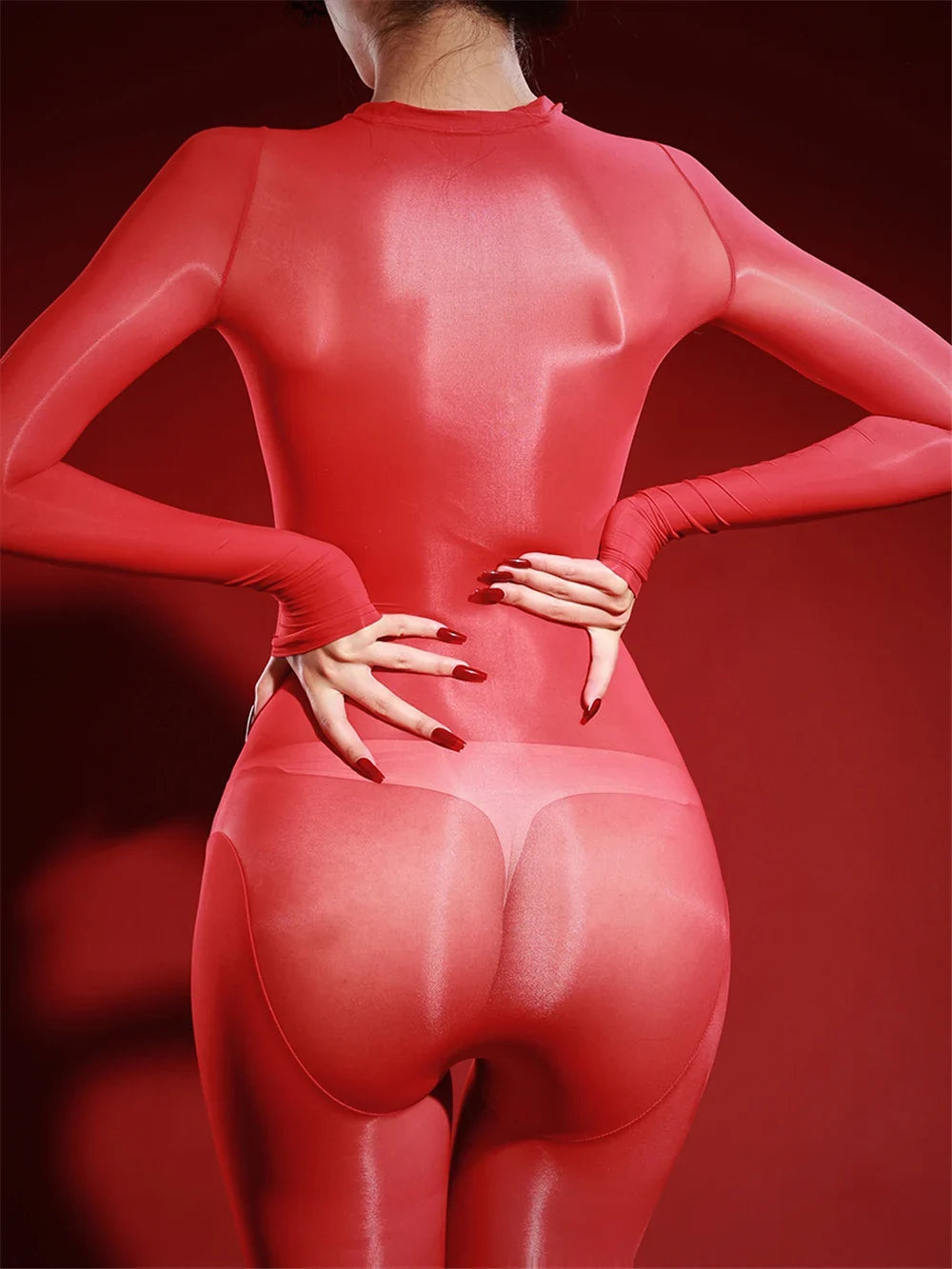 Oil Glossy High-Stretch Sheer Full-Length Bodysuit Thong Catsuit Jumpsuit