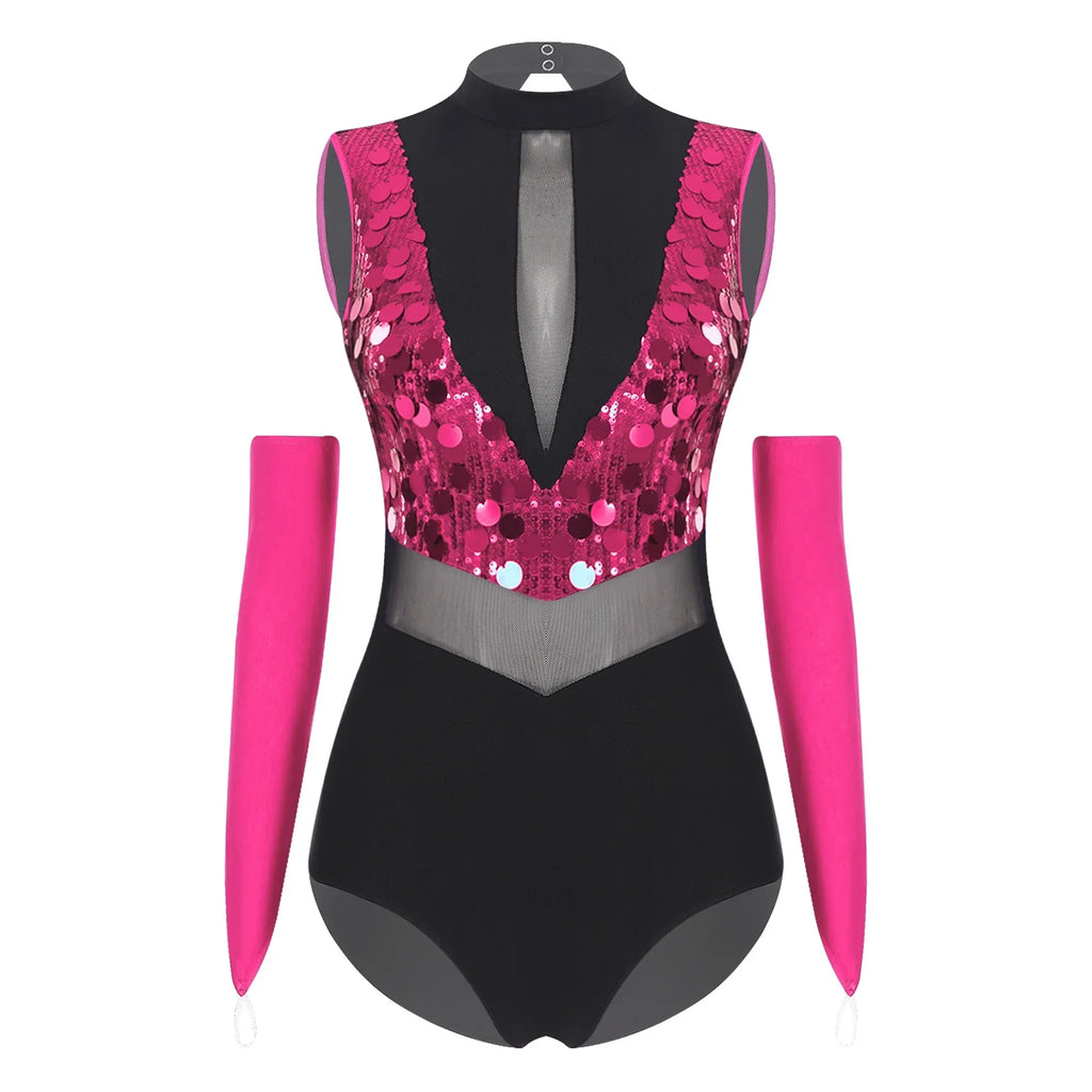 Sparkly Sequin Mock Neck Dance Leotard & Gloves Two-Piece Bodysuit Set