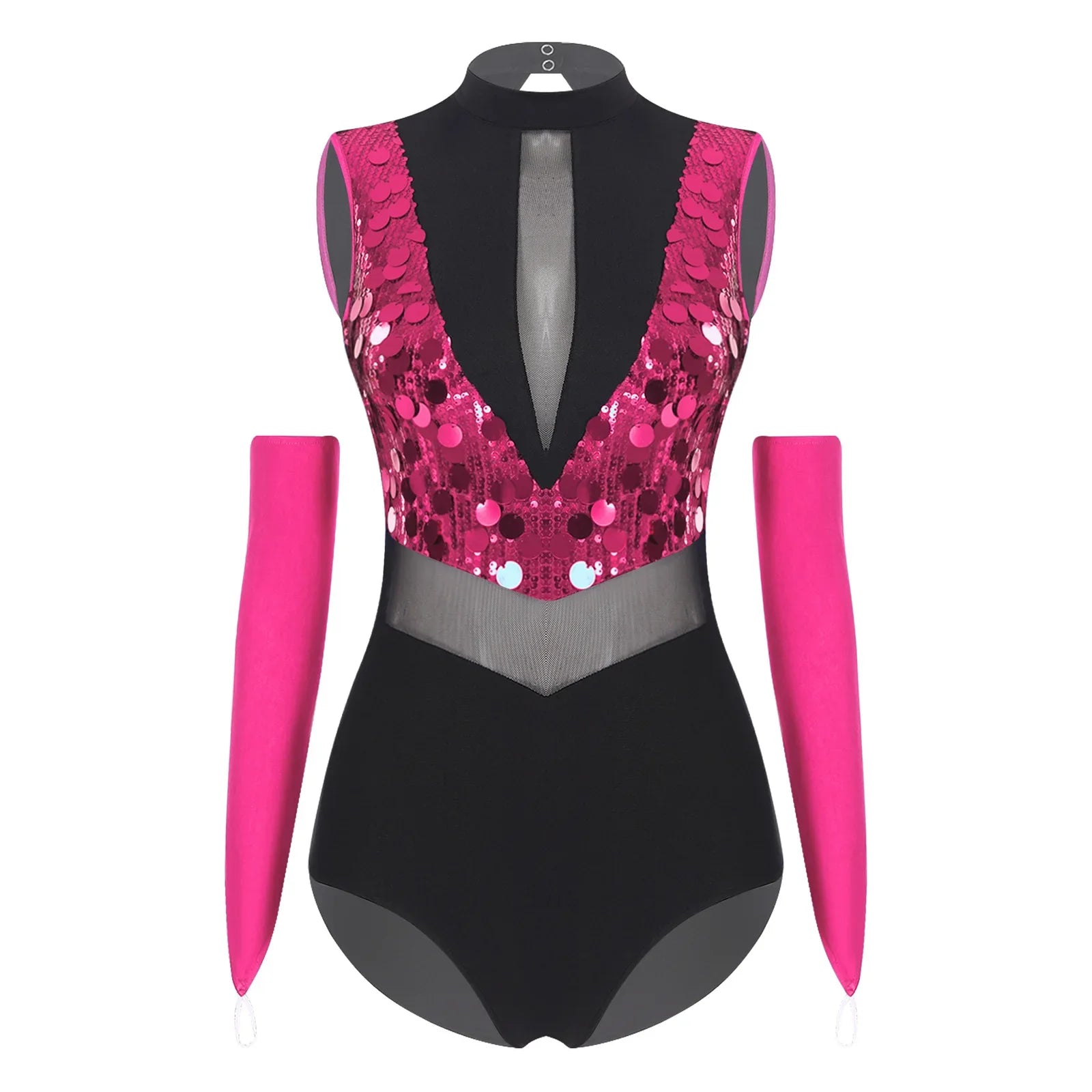 Sparkly Sequin Mock Neck Dance Leotard & Gloves Two-Piece Bodysuit Set