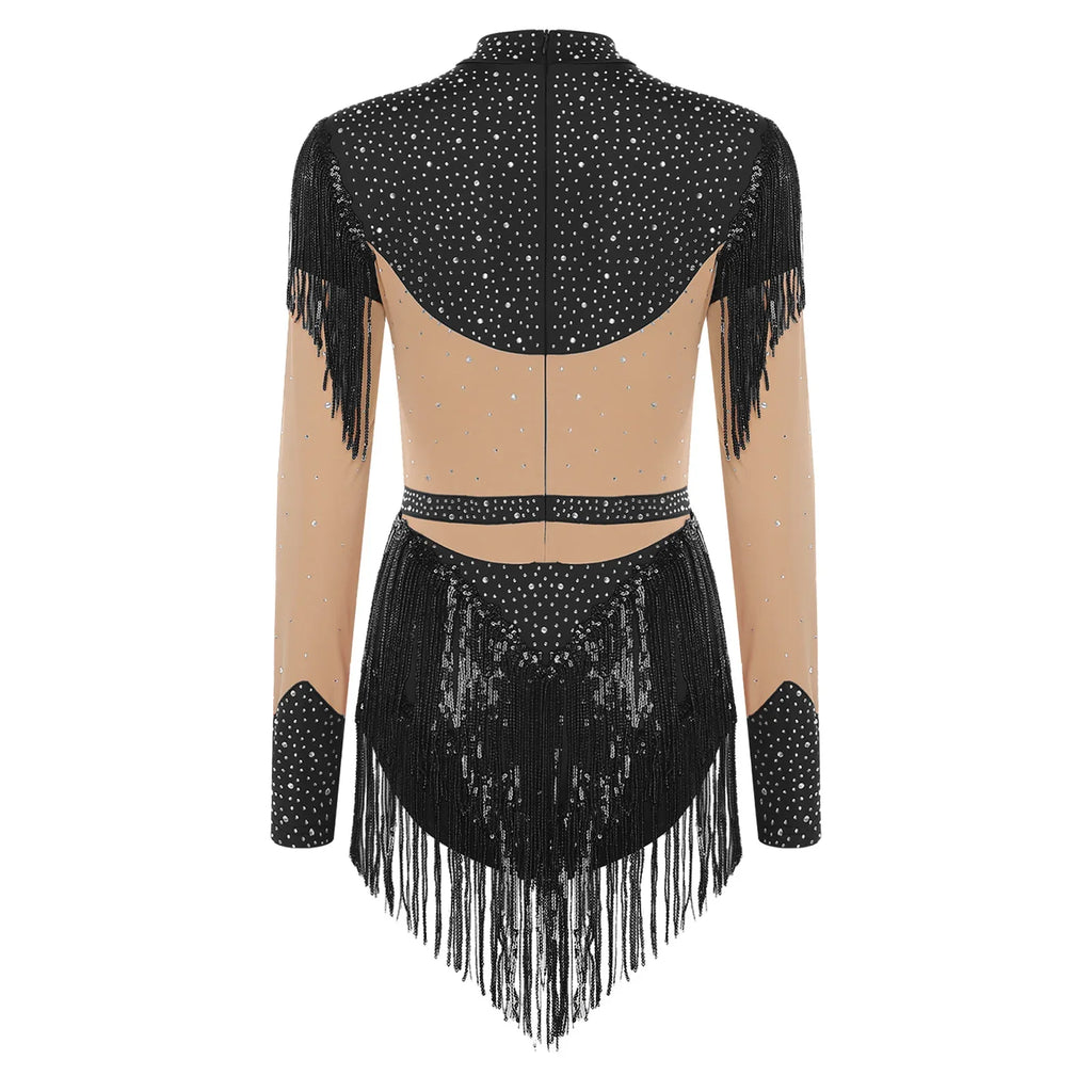 Rhinestone Sequin Tassel Long Sleeve Dance Jumpsuit Bodysuit