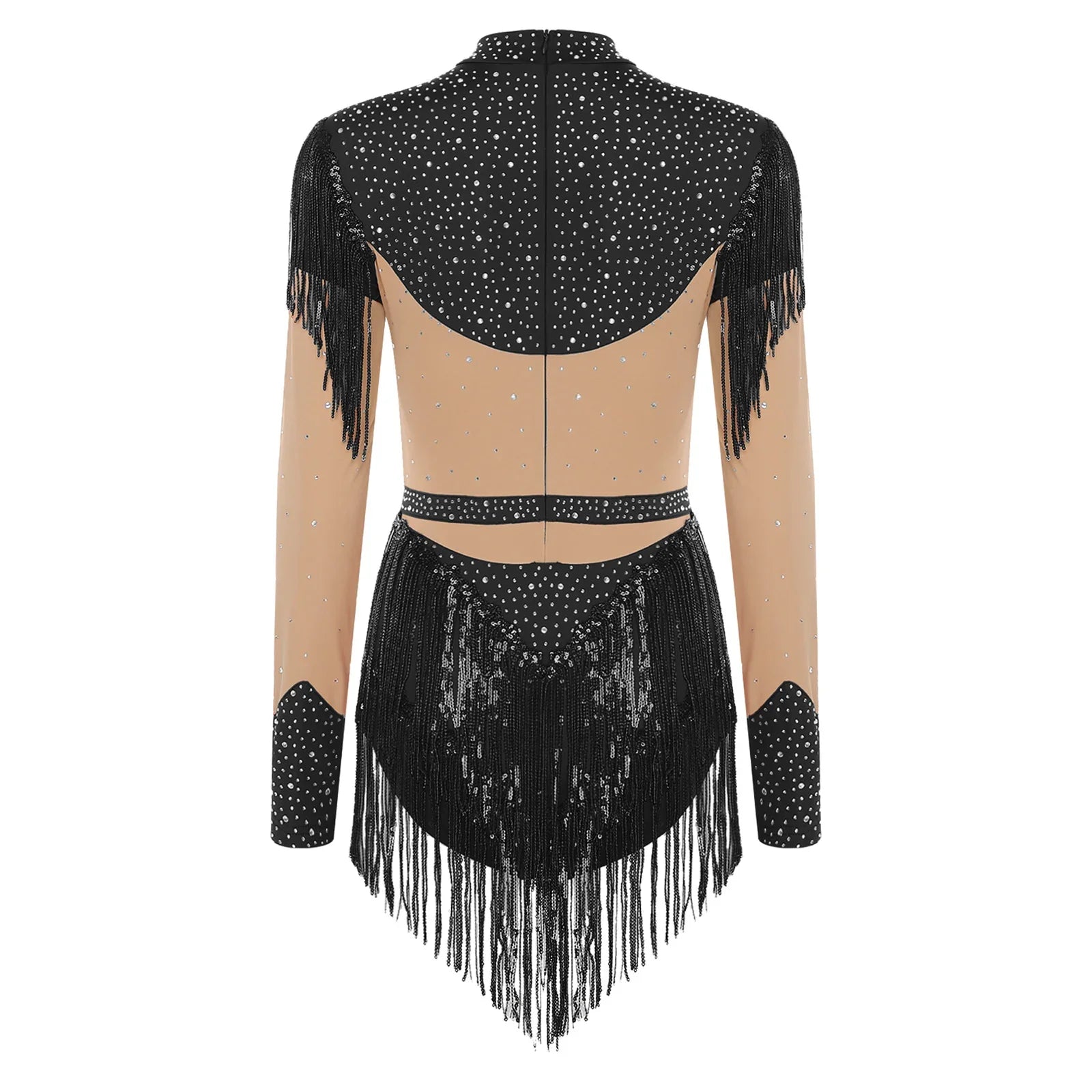 Rhinestone Sequin Tassel Long Sleeve Dance Jumpsuit Bodysuit