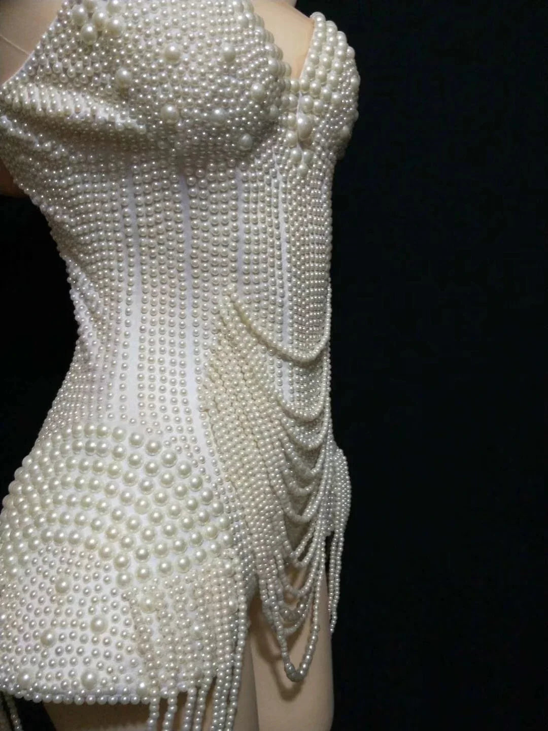 The Stardust Pearl Cascade Bodysuit – Luxury Beaded Tassel Showgirl Costume