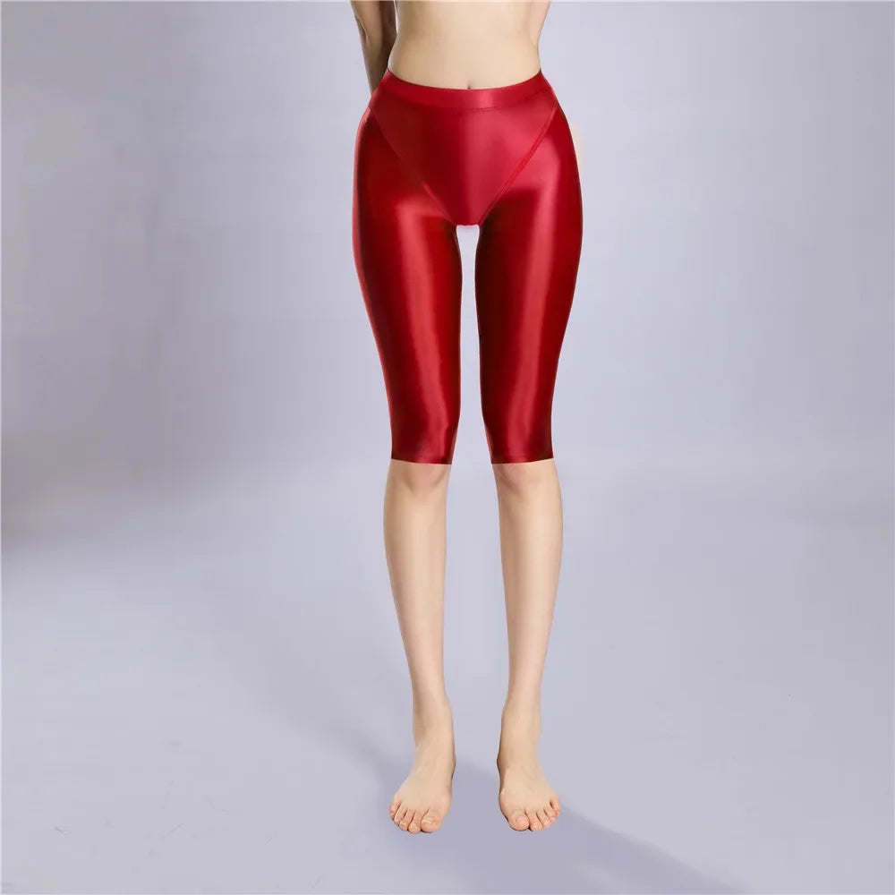 Women's Oil Glossy Sheer High-Waist Shaping Shorts Satin Smooth Leggings