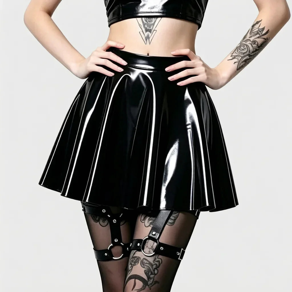 Gothic PU Leather PVC Shiny Flared Pleated Mini A-Line Skirt