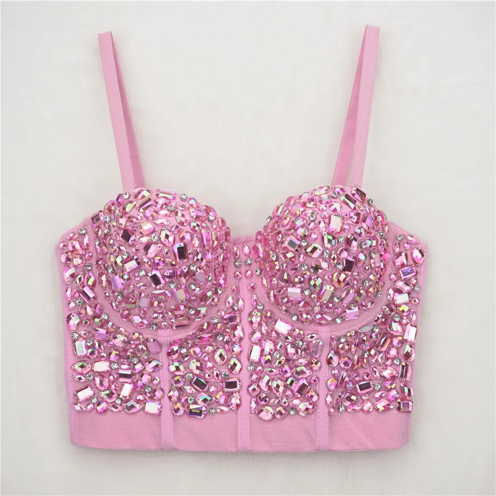 The Stardust Prism Siren – Sparkly Pink Rhinestone & Beaded Bustier Corset Crop Top