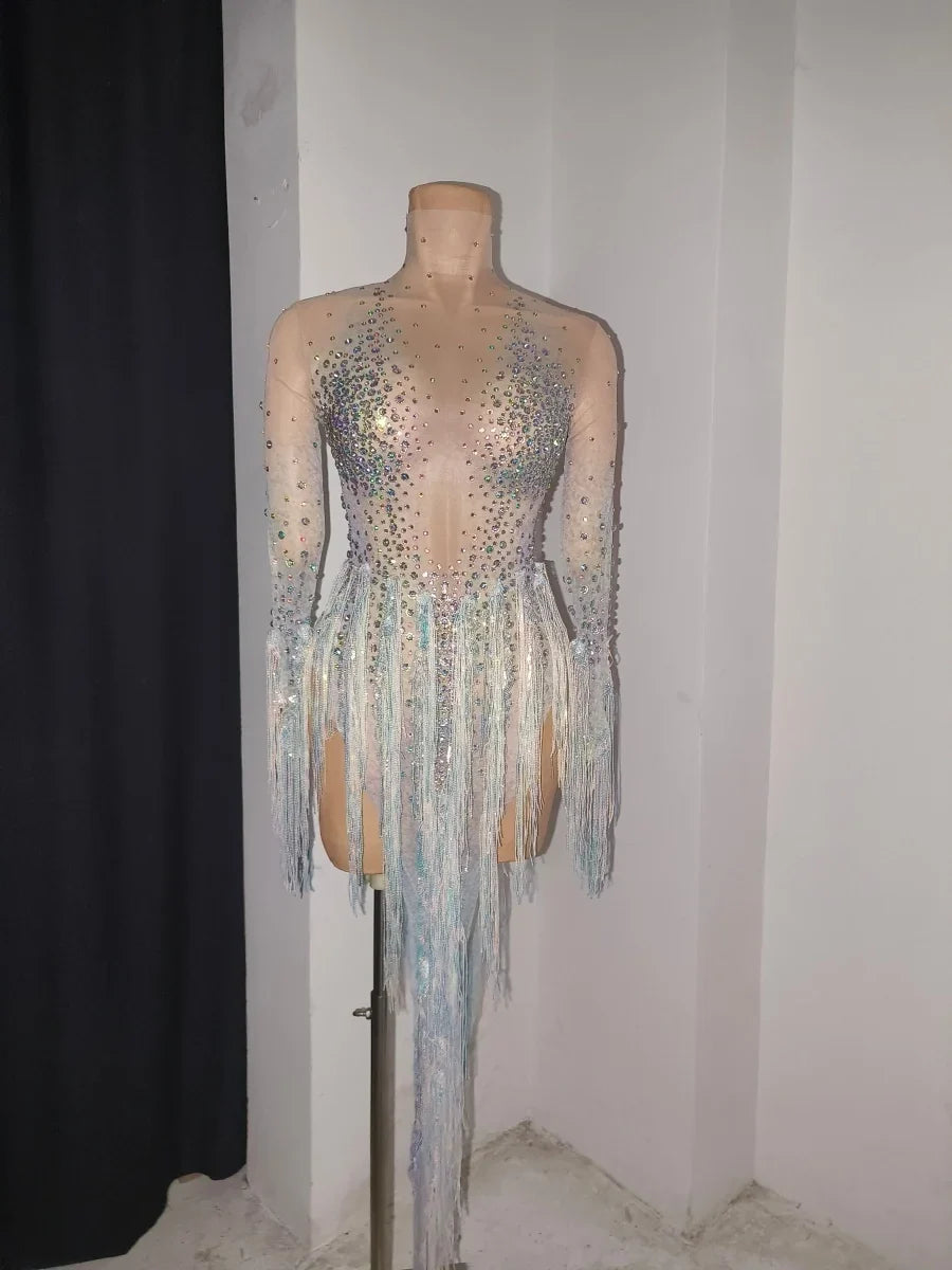 Iridescent Crystal Tassel Long Sleeve Sheer Mesh Stage Bodysuit Costume