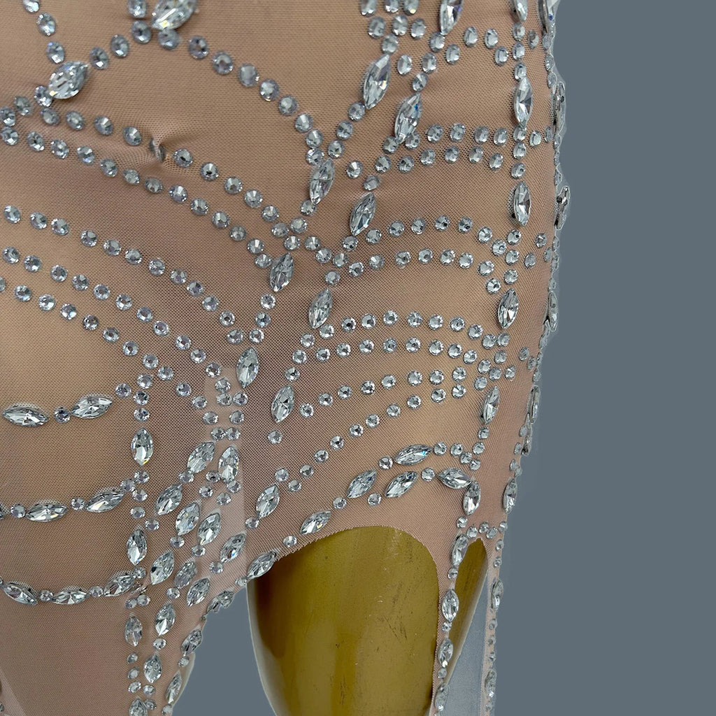 Sparkly Silver Rhinestone Spider Web Mesh Stage Performance Costume Set