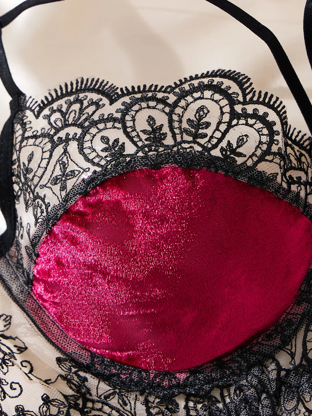 Sexy lingerie with floral see-through bra.The allure of a lingerie set for Valentine's night. BlackRed bra panties set ZA825166