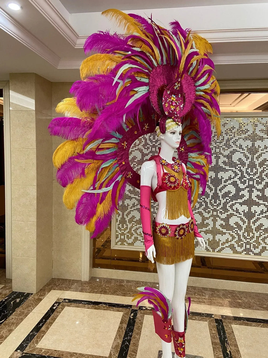 Regal Feathered Backpiece and Rhinestone Costume Set
