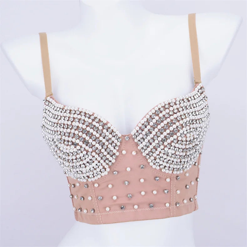 Rhinestone Beaded Bustier Corset Crop Top High Fashion Evening Party Bralette