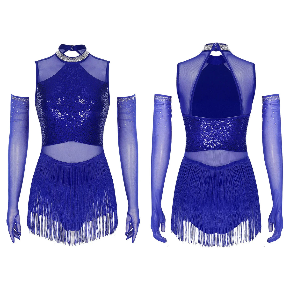 Sparkly Sequin & Fringe Dance Dress with Gloves Latin Stage Performance Costume